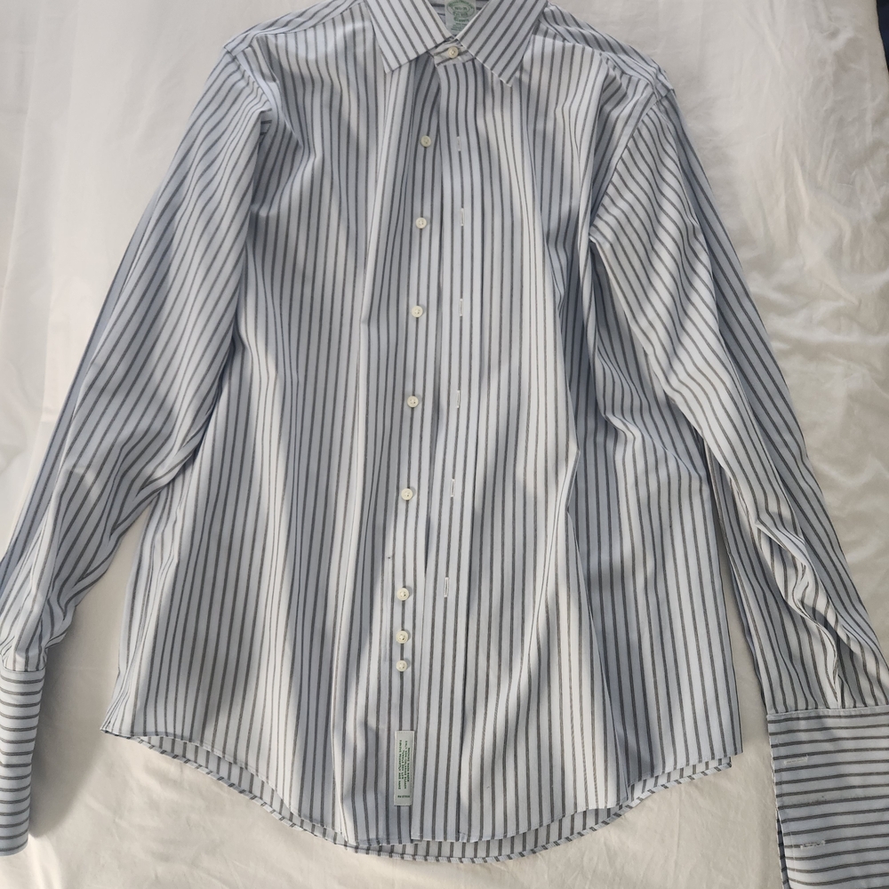 Brooks Brothers White Dress Shirt with Blue Pinstripes French Cuffs 16.5/35